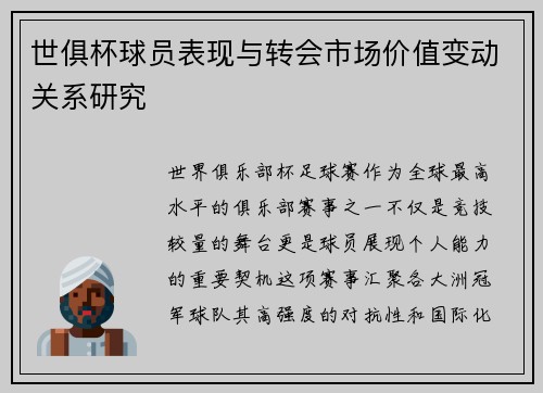 世俱杯球员表现与转会市场价值变动关系研究