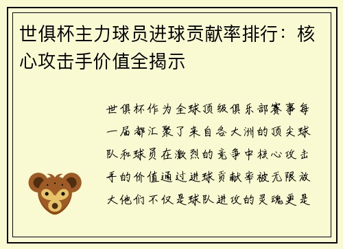 世俱杯主力球员进球贡献率排行：核心攻击手价值全揭示